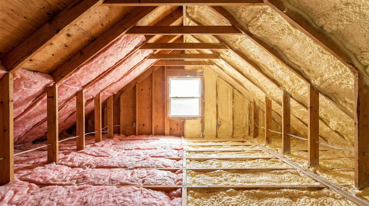Side-by-side comparison of pink fiberglass batts and yellow spray foam insulation installed in a residential attic.