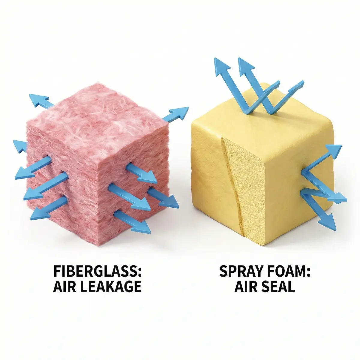 3D illustration showing air leakage through porous fiberglass insulation versus a complete air seal created by spray foam.