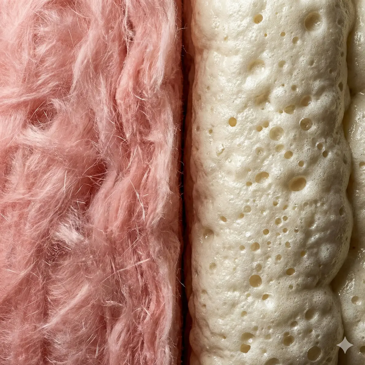 Macro close-up of the fibrous texture of fiberglass insulation compared to the dense, hardened surface of closed-cell spray foam.